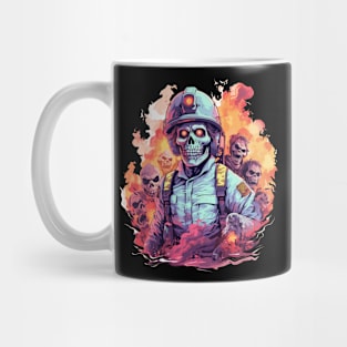 Zombie Firefighter Surrounded by Ghostly Halloween Undead Mug